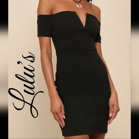 Lulu's Womens Black Mini Off Shoulder Sleeve Body Con Dress Sz M Notched Neck - Picture 1 of 15